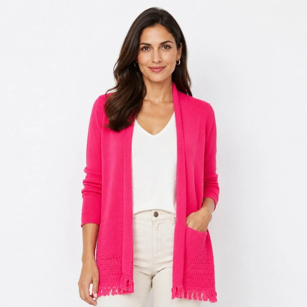 Lilly‎ Pulitzer Noble Pink Open Front Fringe Hem Cardigan Sweater XXS
